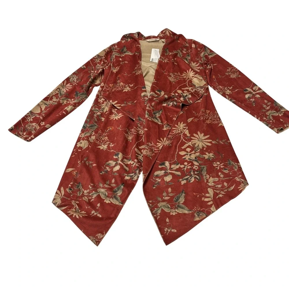 Soft Surroundings Jacket S Rustic Botanical Assemetrical Faux Suede Open Front